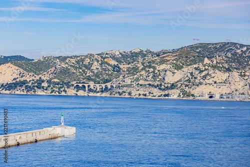 FRANCE-MARSEILLE-ROCKY COASTLINE-VIADUCT AND BREAKWATER