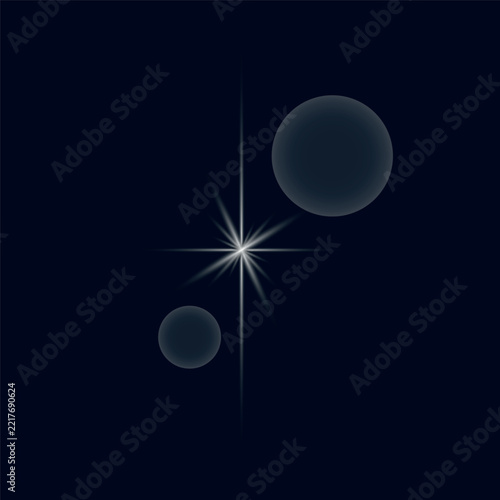 Vector illustration of a bright white lens flare effect with long light rays, starburst glare, and soft glowing bokeh circles isolated on a dark background. Ideal for camera lighting, space background