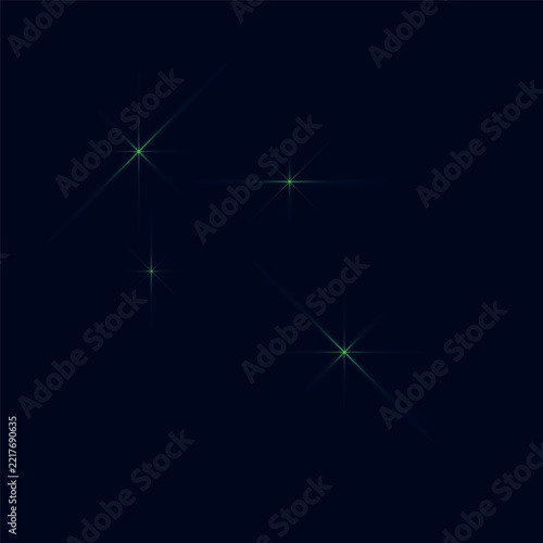 Vector illustration of bright green lens flares, glowing stars, and sparkling light effects isolated on a dark background. Perfect for space designs, magic overlays, holiday cards, and abstract backgr