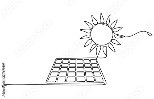 Continuous single line drawing of a solar panel and a bright sun for renewable energy concept