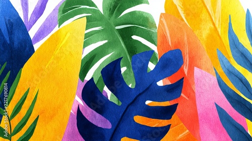 Vibrant tropical foliage arrangement displays bold colors, conveying a refreshing summer aesthetic for design projects and commercial use