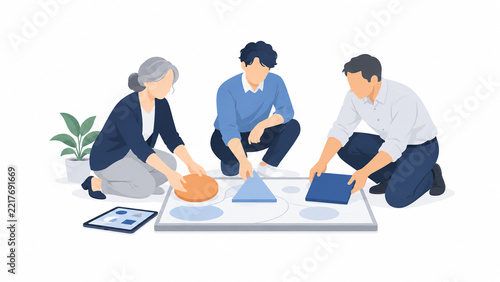 年代と役割の異なる社員が協力して企画をまとめるイラスト