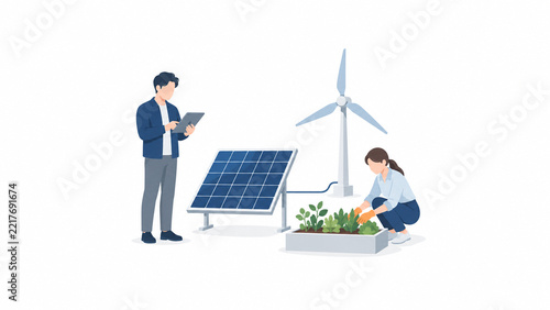 太陽光パネルと風車で環境活動に取り組む社員たちのイラスト