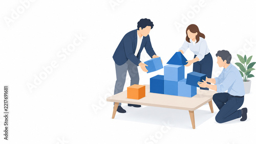 チームでモジュールを組み立てる社員たちのフラットイラスト