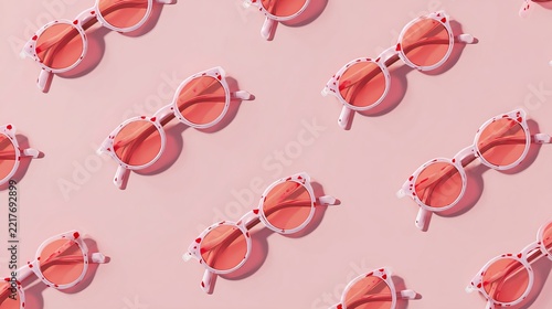 Repeating patterned arrangement of fashionable coral sunglasses lying flat against a soft pastel pink studio backdrop, perfect for summer