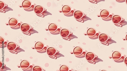 Pink sunglasses neatly arranged in a repeating pattern, showcasing summer vibes, joyful leisure, and stylish eyewear concept for promotions