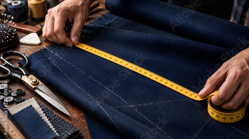 Close up of a tailor's hands using a yellow measuring tape on dark navy wool fabric