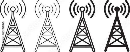 Radio tower icon set featuring four black telecommunication antenna vectors, wireless signal transmission tower symbols for cellular network and broadcast technology, communication masts.