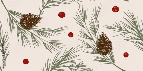 Hand-Drawn Beige and Green Pine Branch Winter Background