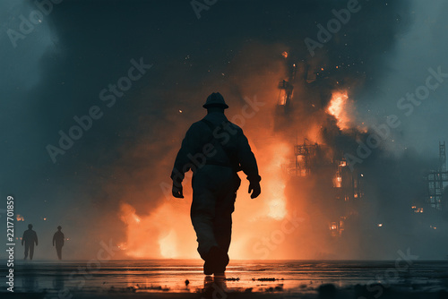 abstract art oilfield worker with fire flame in an emergency situation in background., under danger situation