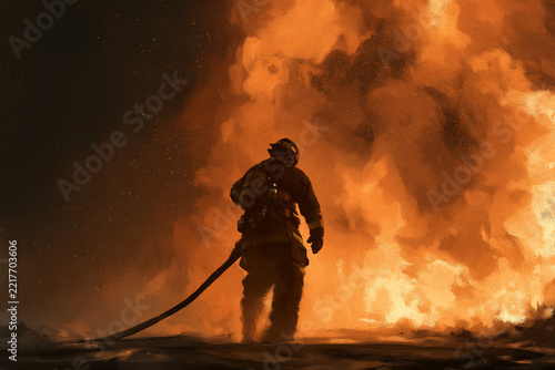 abstract art fireman with fire flame in an emergency situation in background., under danger situation fireman wearing fire fighter suit for safety