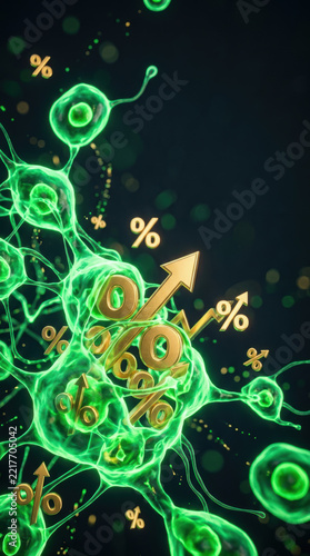 Healthcare innovation spending trends visualized through glowing green cells and rising percentage symbols on dark background