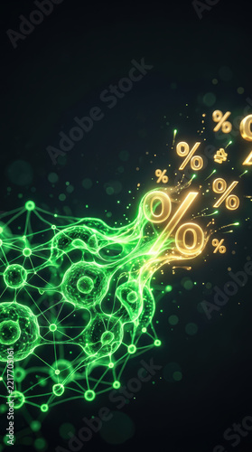 Green digital network with glowing percentage symbols represents healthcare innovation and rising medical spending in futuristic data visualization