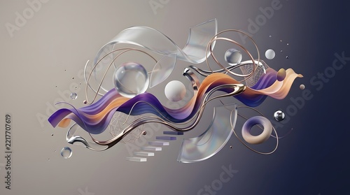 Floating 3d geometric shapes and fluid ribbons form a dynamic composition on dark gradient.