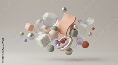 Floating 3d geometric shapes and glass spheres in soft pastel colors for creative layouts.