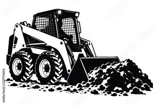 Skid steer loader vector illustration, heavy construction machinery, compact loader moving dirt vector art