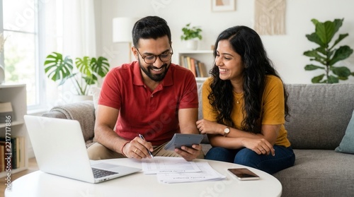 Happy Indian spouses checking financial documents and calculating family budget at home