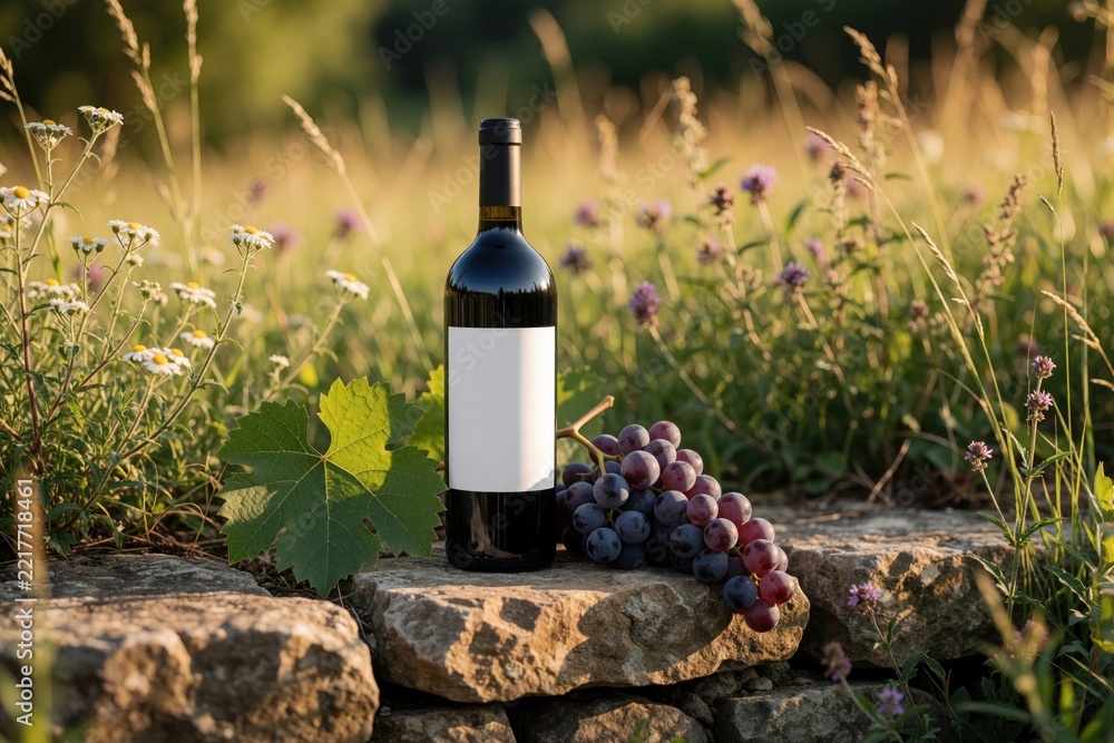 Fototapeta premium Elegant wine bottle mockup with blank white label on stone wall in vineyard. Fresh grapes, green vine leaves lie nearby in natural sunlight. Rustic summer countryside setting for organic beverage