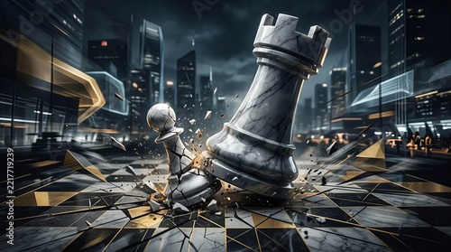 Giant marble rook chess piece destroying a pawn on a futuristic board with a modern city backdrop
