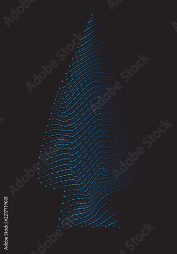Christmas tree abstract digital line art with glowing blue wave pattern and futuristic holiday design on black background.