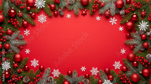 Marco navideño en vista superior con adornos rojos, copos de nieve blancos y fondo rojo intenso, dejando un espacio central limpio para diseños y mensajes festivos.