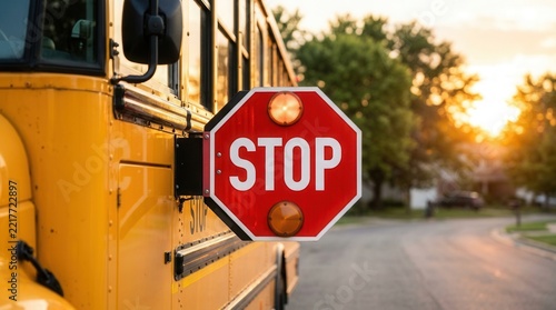 A red stop sign is extended from the side of a yellow school bus on the road.