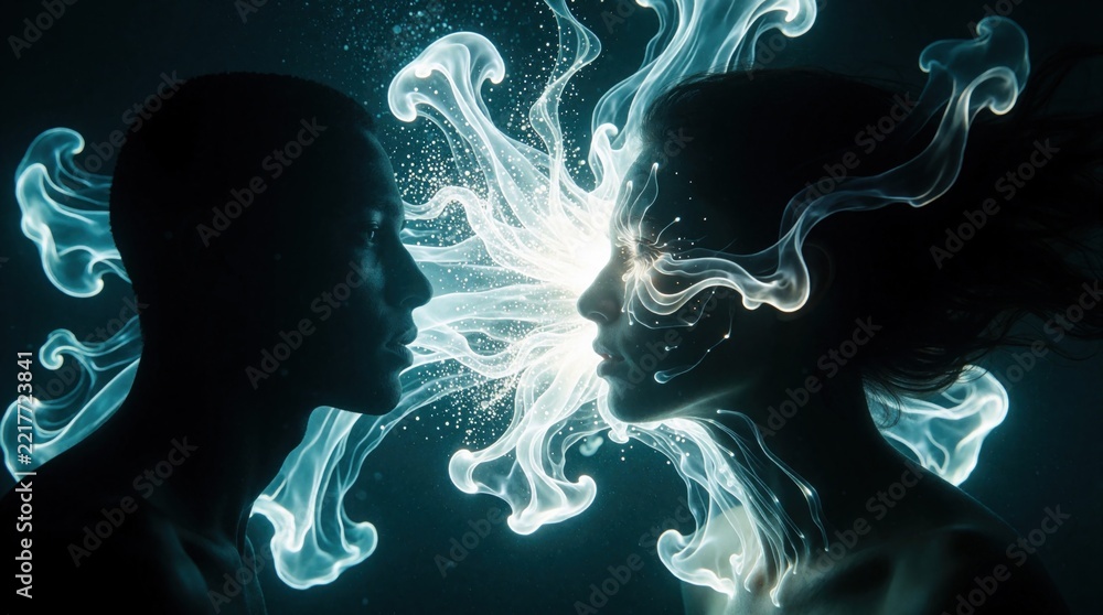 Fototapeta premium Two people face underwater with glowing light between. Surreal blue silhouettes connect through fluid energy waves, mystical sparks. Dreamlike encounter shows emotional bond, spiritual connection in
