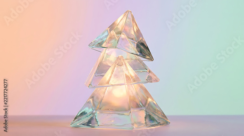 Glowing glass pyramids stacked as tree shape on pastel background