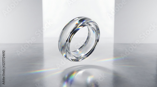 Clear glass ring floating above reflective floor with rainbow light