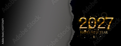 Happy New Year 2027 Gold Numbers on Black Background with Torn Paper Effect and Glitter