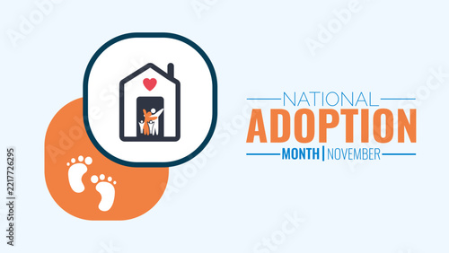 National Adoption Month vector illustration with family house icon and baby footprints for social awareness campaign