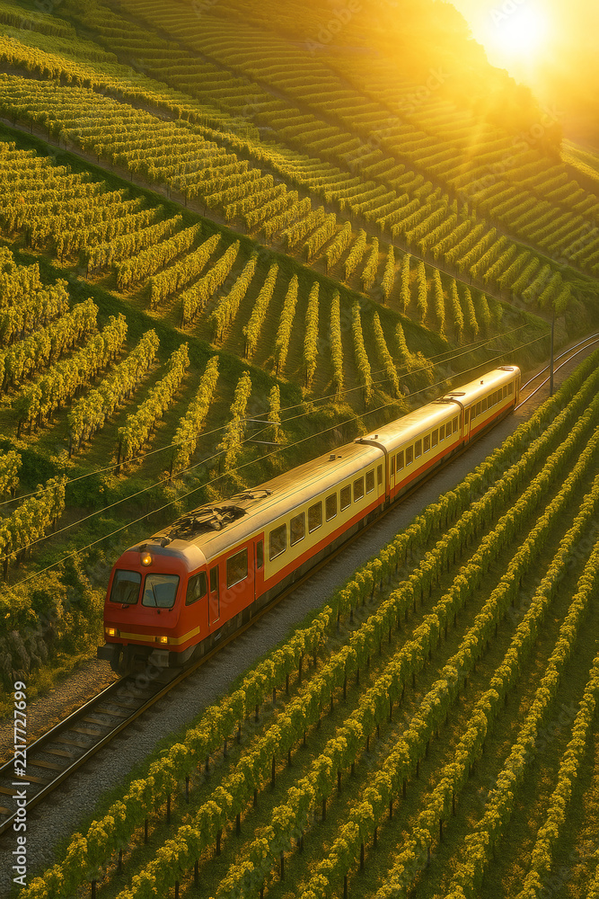 Naklejka premium Passenger train curves through ordered vineyard rows at sunset