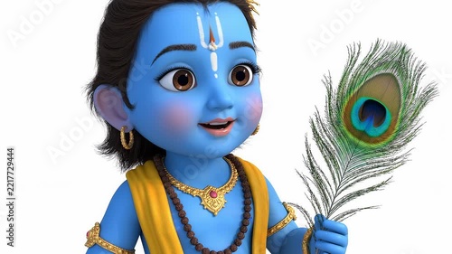 Cute baby krishna 3D animation holding peacock feather isolated on white background, for janmashtami celebration