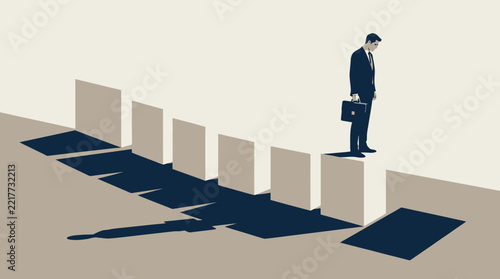 Professional man balancing on stepping stones across a shadowed path, illustrating career progression.
