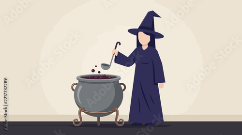 Cartoon witch stirring a bubbling cauldron in a magical spellcraft scene.