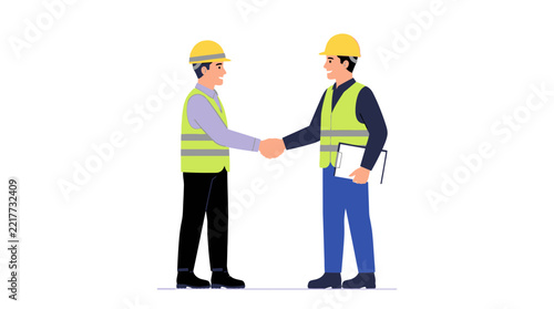 Two construction workers shake hands on site, signaling agreement and teamwork.