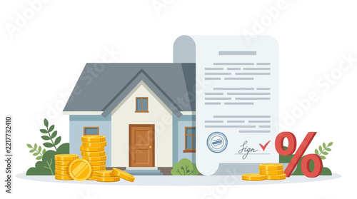 Residential home financing documents and coins illustrating mortgage and property investment scenario.