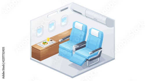 Isometric illustration of a luxurious airplane cabin with blue seats and a small coffee table.
