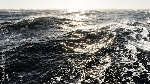 Black water surface. Sea waves. Sunny shot. 3d rendering illustration