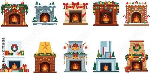 Christmas fireplace set featuring festive decorations and cozy winter holiday elements