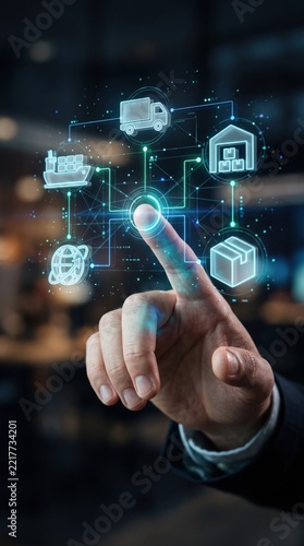 Hand touching glowing digital logistics network with transport and warehouse icons supply chain concept