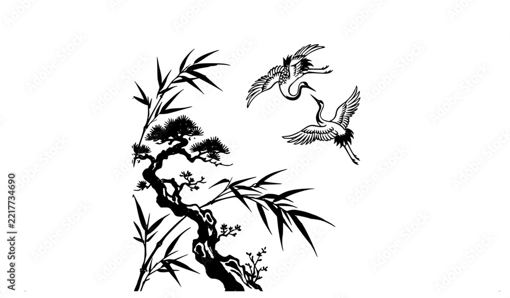 Fototapeta premium Minimal Chinese Bonsai Branch with Crane Birds and Bamboo Leaves