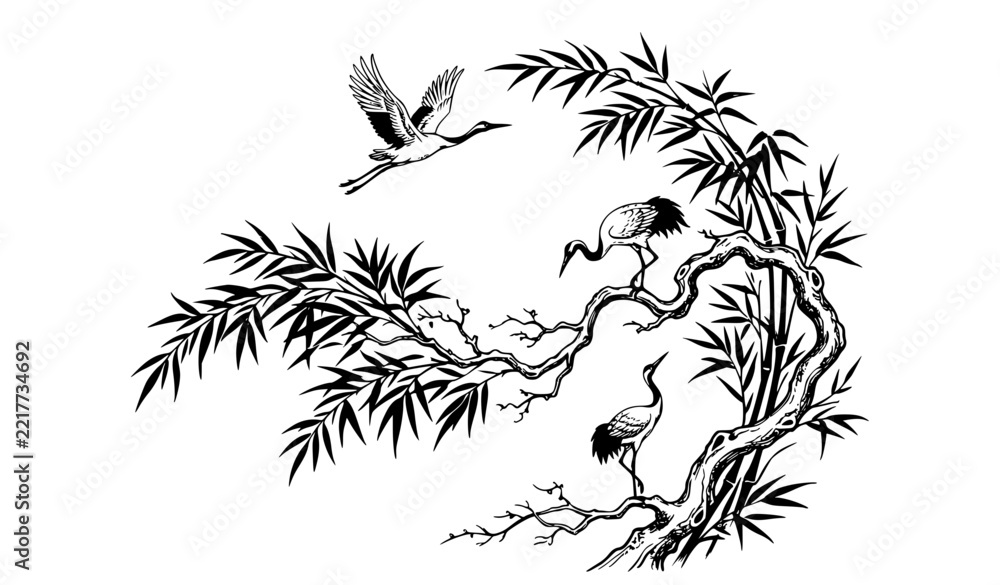 Fototapeta premium Chinese Bonsai Branch with Flying Cranes and Bamboo Botanical Vector