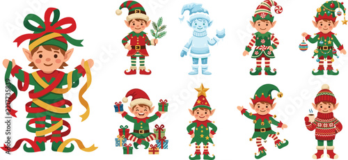 Assorted group of christmas elves in festive outfits with gifts and decorations for winter design