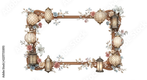 Decorative Vintage Lanterns and Flowers Frame Oriental Style