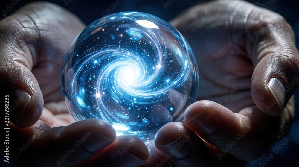 Fototapeta premium Human hands hold glowing crystal ball with bright blue swirling energy inside. Magic sphere shows cosmic galaxy nebula light. Concept of future tech, spiritual power, science discovery protecting