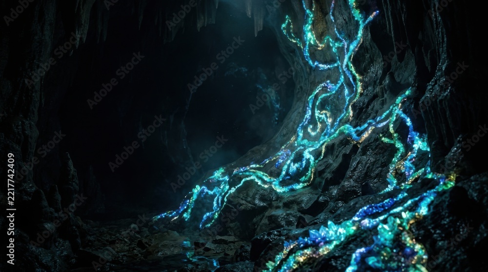 Fototapeta premium Glow in the dark crystals inside a dark rocky underground cave