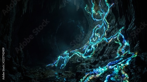 Glow in the dark crystals inside a dark rocky underground cave