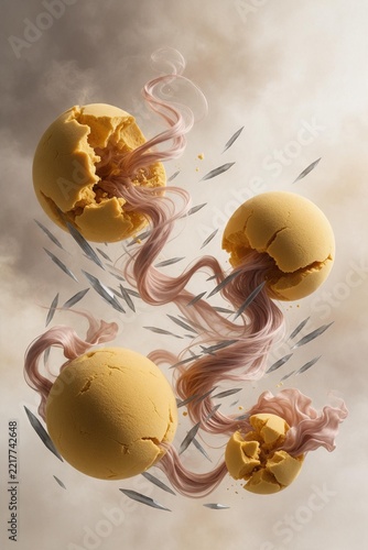 Surreal Shattered Yellow Spheres with Flowing Pink Silk Ribbon and Floating Sharp Metal Shards