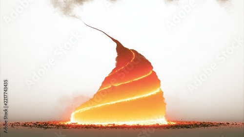 A dramatic, abstract representation of a fiery, spiraling volcanic eruption against a stark white background with smoky plumes.